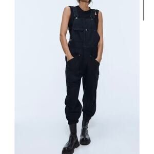 Zara Sz XS Carpenter Bib Overalls Cropped Relaxed Washed Black Utility Grunge